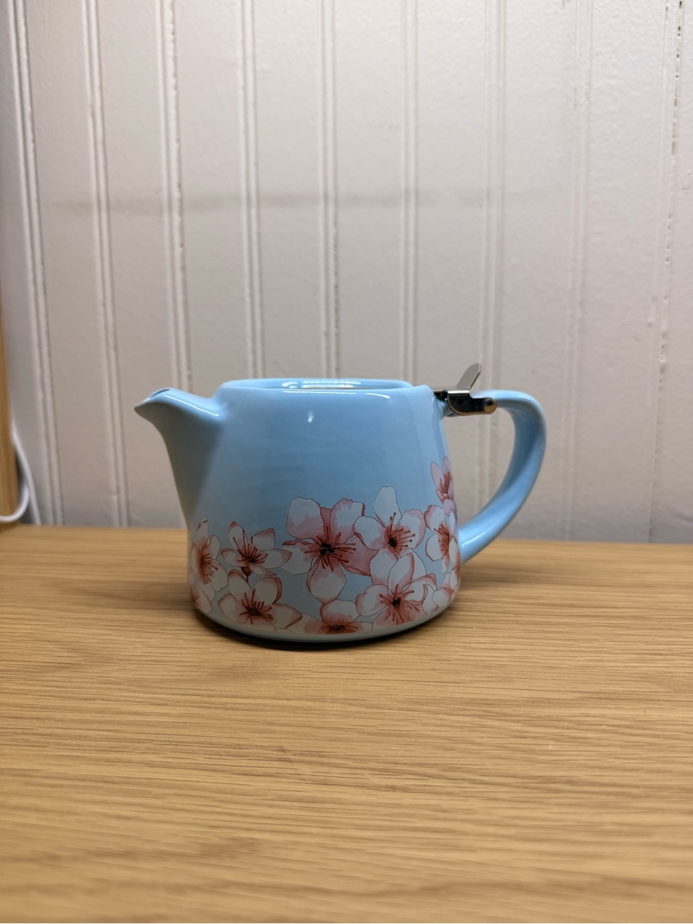 Ceramic Blue Teapot with Pink Floral Design
